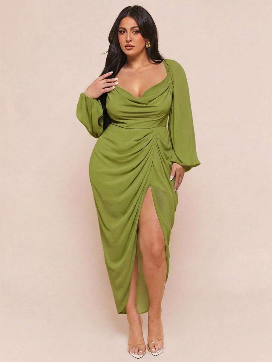 SHEIN BAE 女大尺碼優雅派對約會性感亮片亮粉垂領抓皺不對稱下擺開衩長袖洋裝,豌豆綠 - 綠色 - 查看 1