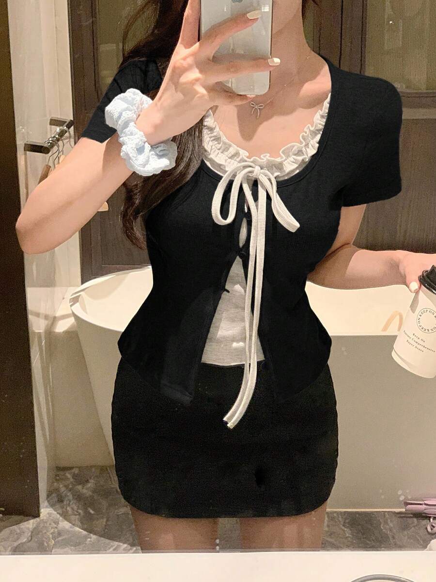 DAZY Women's Summer 2 In 1 Ruffles Bowknot Sleeve T-Shirt - Black - View 1