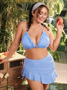 Swim Mod Plus Size Women's Summer Beach Striped Halter Tie Sexy Fashion Bikini Two-Piece Swimwear Set With Cover Up Skirt - Blue and White - View 3