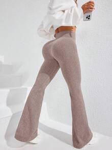 SHEIN Rhythm Era Women's Plus Size Solid Color High Waist Flare Athletic Leggings - Coffee Brown - View 2
