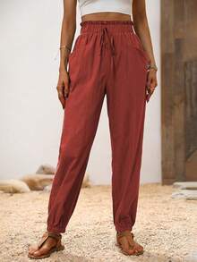 Breezaya Vacation Casual Solid Color Cuffed Long Pants - Red - View 5