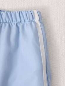 SHEIN Genkimix Kids 2件/套 女童寬鬆休閒撞色領結印花短袖T恤與素色織帶蝴蝶結長褲套裝，修身版型，適合夏季旅行、度假、上學及其他外出場合 - 淺藍色 - 查看 6