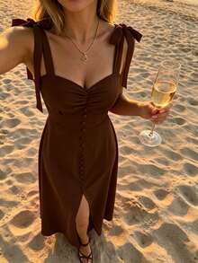 SHEIN Holidaya 女款夏季優雅素色細肩帶洋裝 - 棕色 - 查看 1