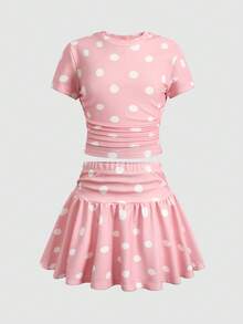 SHEIN 青少年女孩夏季可愛休閒灰色套裝：短袖短版上衣與百褶迷你裙，夏季 - 粉色 - 查看 2