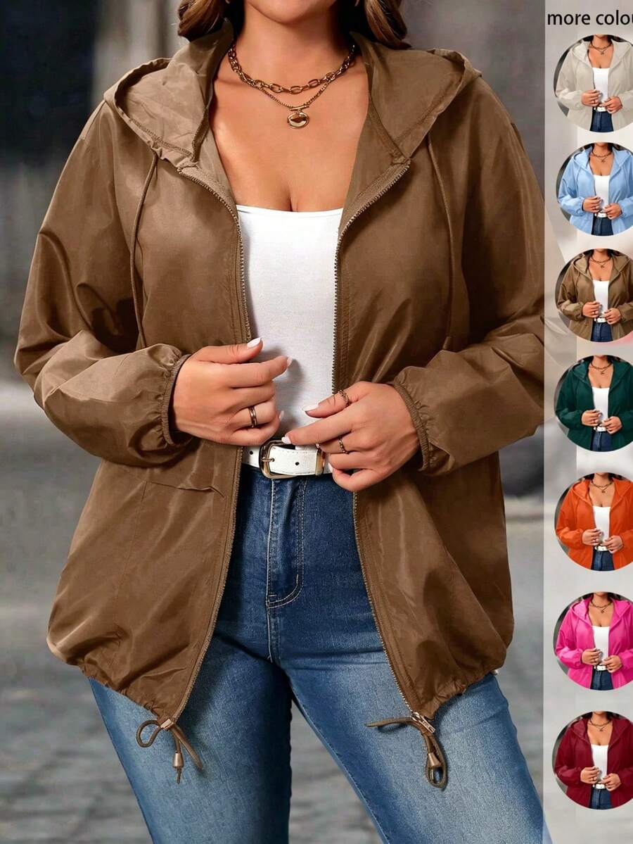 EMERY ROSE Plus Size Women's Solid Color Long Sleeve Zipper Front Casual Hooded Jacket Fall - Coffee Brown - View 1