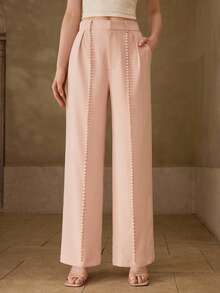 MOTF PREMIUM WOMEN'S FAUX PEARL DECORATED WIDE LEG PANTS WEDDING BRUNCH TEA PARTY PINK SUMMER ROMANTIC ELEGANT - White - View 4