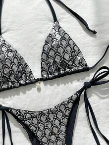 Costavie Swim Basics 2件組 春夏海灘度假亮片紋理面料珍珠裝飾掛脖三角比基尼上衣與側綁比基尼褲性感比基尼套裝 - 黑色 - 查看 4