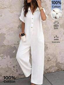EMERY ROSE Áo sơ mi jumpsuit nữ màu trơn tay ngắn, vạt cài nút nửa thân, phong cách casual cho đi du lịch - trắng - Xem 10
