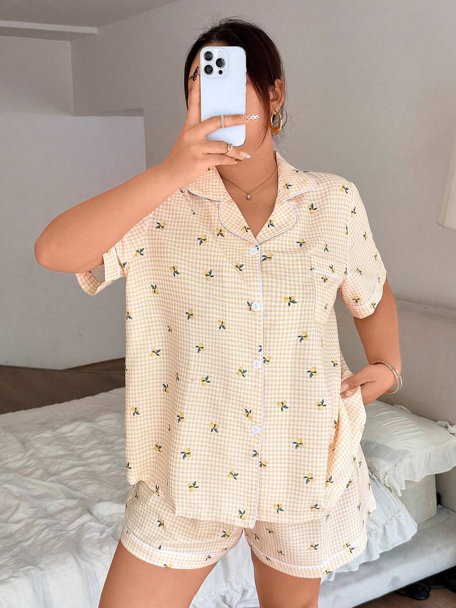 Napfluff CURVE Napfluff CURVE Lemon Plaid Print Lapel Open Front Short Sleeve Shorts Plus Size Women's Pajama Set - Yellow - View 1