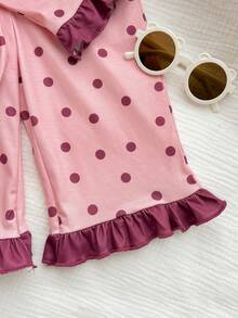 Dozemod Baby Girl Baby Girl Sweet Simple Patterned Collar Button-Up Ruffle Trim Long Sleeve Long Pants Comfortable Skin-Friendly Knit Pajama Set 2pcs - Baby Pink - View 7