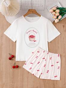 Casual Pullover Set For 10-Year-Old Girls, Apricot Base Color With Cute Puppy Print Pattern, Short Sleeve And Shorts, Home Wear Summer Set - Apricot - View 4