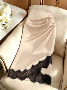 GlowEve Women's Summer Elegant Sexy Color Block Lace Patchwork Wrap Skirt Date Night Beige - Apricot - View 1