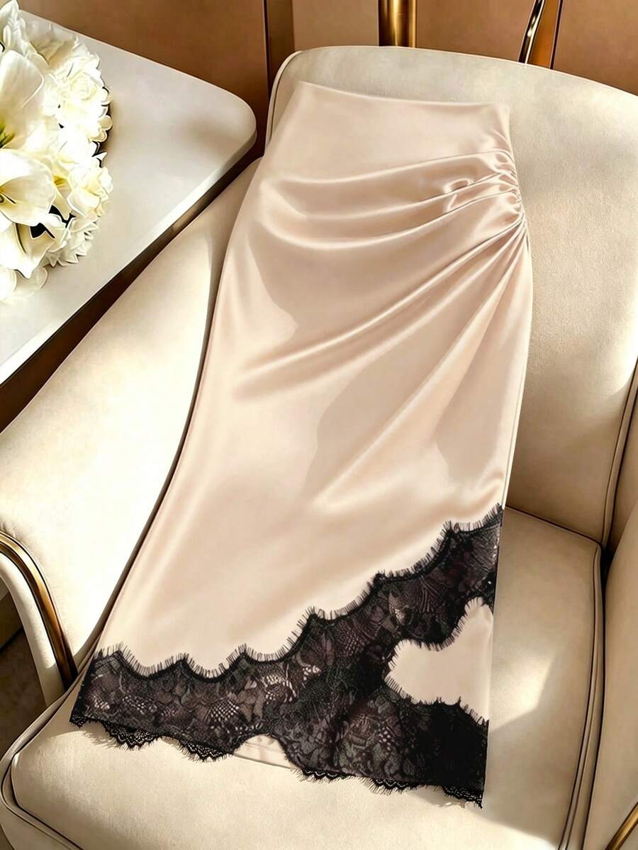 GlowEve Women's Summer Elegant Sexy Color Block Lace Patchwork Wrap Skirt Date Night Beige - Apricot - View 1