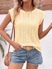 SHEIN LUNE Kaos Jacquard Putih Lengan Pendek Leher Bulat Kasual Modis Musim Semi/Panas - Kuning - View 4