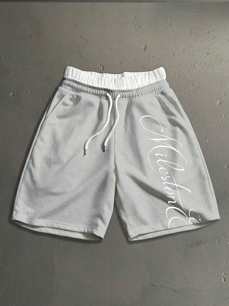 Salvezio Men's Letter Print Drawstring Double Layer Waist Shorts - Grey - View 1