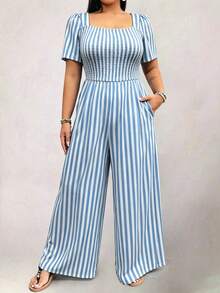 EMERY ROSE Plus Size Women's Striped Square Neck Short Sleeve Pocket Wide Leg Jumpsuit - Blue and White - View 4