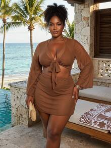 SHEIN Swim Plus Size Women's 4-Piece Set Solid Color Spaghetti Strap Bikini Swimwear With Mesh Cover-Up Skirt Sexy Beach Vacation Summer - Coffee Brown - View 1