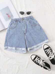 Rivivi Women's Plus Size Light Blue Elastic Waist Denim Shorts - Light Wash - View 1