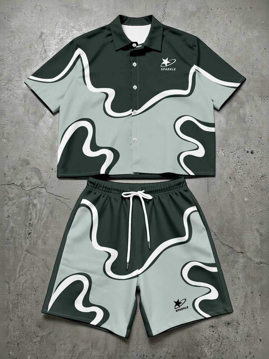 Manfinity EMRG Men's Summer Casual Contrast Color Button Front Short Sleeve Shirt And Shorts Set - Multicolor - View 1
