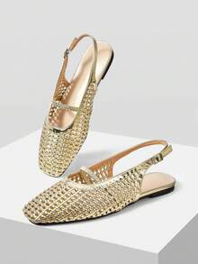 Mnmlis Exquisite gewebte Cut Out flache Damenschuhe, modisch und bequem, elegante flache Schuhe mit eckiger Zehenpartie - Gold - Übersicht 4
