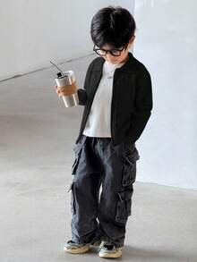 SHEIN 小男孩拉鍊純色休閒百搭日常出遊開襟外套 - 黑色 - 查看 3