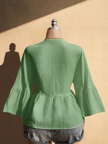 SHEIN ICON Plus Size Women's V-Neck Flare Sleeve Ruffle Hem Top - Mint Green - View 2