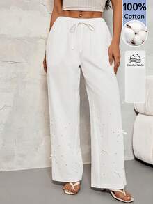SHEIN PETITE Women's Casual Solid Color Beaded Bow Decor Pants ,Petite Women - White - View 1