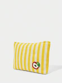 SHECARRY 女款時尚簡約夏季航海風黃白條紋刺繡串珠蘋果裝飾化妝收納洗漱包 - 黃白條紋(蘋果) - 查看 4