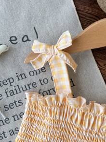 SHEIN Playful Pals 2pc Tots Baby Kid Girl Cute Chic Yellow Check Duck Bow Strap Soft Thin A-Line Dress Hat Set Sun Beach Party Cool Spring New Fun Fit Us Joy Age Cut Buy - Yellow - View 5