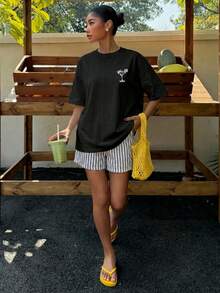 Muchica Oversize T-Shirts Casual Minimalist Graphic Round Neck Short Sleeve Extra Loose Plus Size T-Shirt - Black - View 7