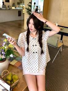 DAZY 女款彼得潘領格紋休閒韓風學院風夏季襯衫 - 白色 - 查看 3