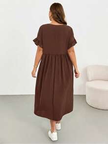 Shapeblank Plus-Size Women's Spring/Summer Fashionable Casual Loose Comfortable Everyday Basic Versatile Slimming Ruffled Sleeves Pocket Black Midi Dress,Simple Style,Summer Outfits,European Summer - Coffee Brown - View 2