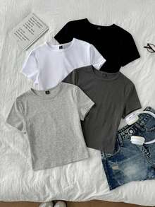 Tseoso 4pcs Casual Crew Neck Regular Shoulder Short Sleeve Fitted Women's T-Shirt Suitable For Summer - Multicolor - View 1