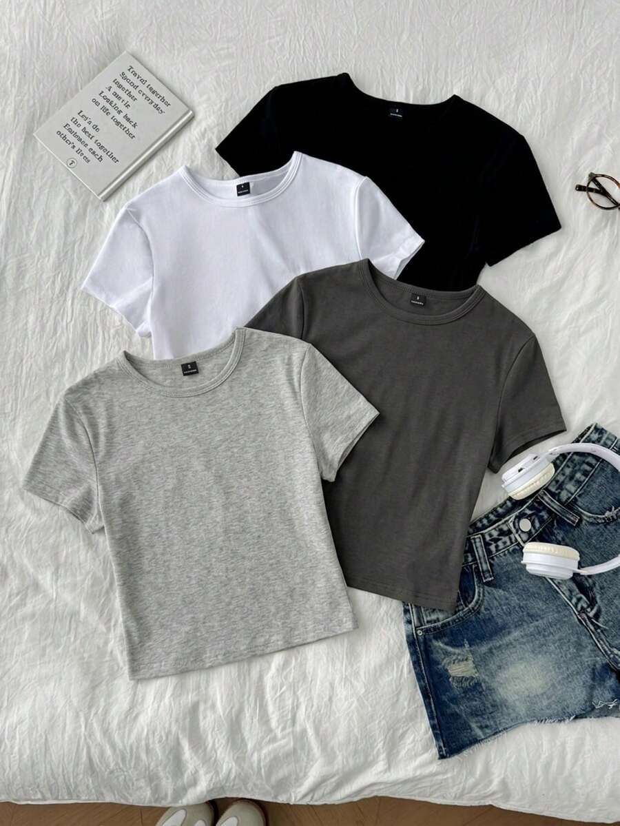 Tseoso 4pcs Casual Crew Neck Regular Shoulder Short Sleeve Fitted Women's T-Shirt Suitable For Summer - Multicolor - View 1