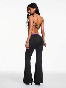 Hanevo Women's Solid Color Lace Patchwork High Waist Slim Fit Flared Pants, Versatile For Daily Wear - Black - View 2