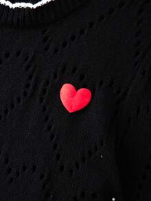 GlowEve CURVE Plus Size Elegant Cute Fairy Colorblock Heart Pattern Hollow Out Round Neck Short Sleeve Knit Top Dinner Office Black Summer - Black and White - View 6