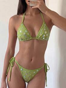 Bonvoyette 2件組 春夏海灘度假花卉亮片紋理面料掛脖三角比基尼上衣與側綁比基尼褲性感比基尼套裝 - 薄荷綠 - 查看 8
