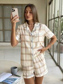 Aloruh Casual Plaid Print Button Front Pocket Short Sleeve Shorts Pajama Set For Women - Multicolor - View 11