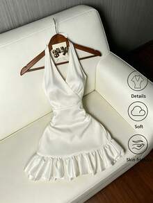 Franclia Gaun Wanita Satin Putih Model Halter Neck, Gaun Mini Berenda Gaya Romantis Prancis di Bagian Pinggang - Putih - View 3