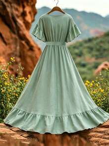 EMERY ROSE Women's Ruffle Sleeve High Waist Elegant Cottage Core Long Dress Picnic Sage Green Summer - Green - View 2