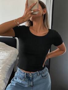 DAZY 女款夏季方領修身螺紋打底衫 極簡性感休閒短袖T恤 - 黑色 - 查看 3