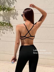 Fluxe Women's Solid Color Backless Halter Crop Top And Pants Sports Suit - Black - View 4