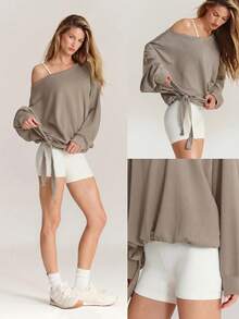 GLOWMODE SoftCalm Modal Own Your Flow Soft Silky-Smooth Breathable Waist Length Adjustable Drawstring Hem One-Shoulder Pullover Sweatshirt Daily Casual Wear - Khaki - View 7