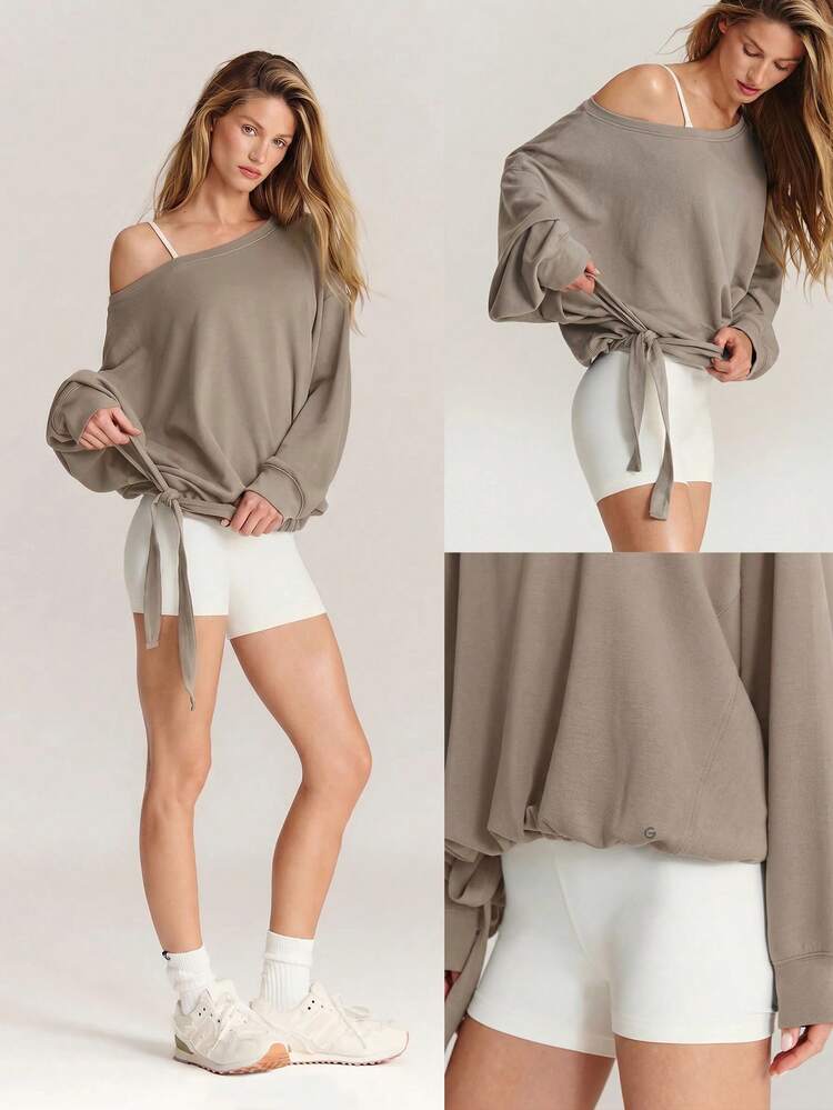 SoftCalm Modal Own Your Flow Soft Silky-Smooth Breathable Waist Length Adjustable Drawstring Hem One-Shoulder Pullover Sweatshirt Daily Casual Wear