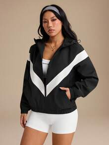 SHEIN Unity 女款拼色連帽拉鍊休閒百搭日常旅行運動外套 - 黑色 - 查看 4