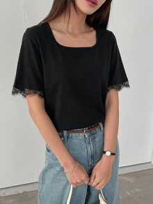 DAZY 女款夏季圓領短袖蕾絲拼接套頭衫 都市休閒簡約休閒T恤 - 黑色 - 查看 6