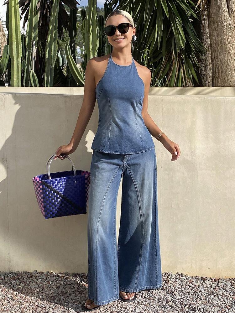Women's Halter Neck Tie Backless Tank Top And Loose Long Pants Vacation Style Denim Set