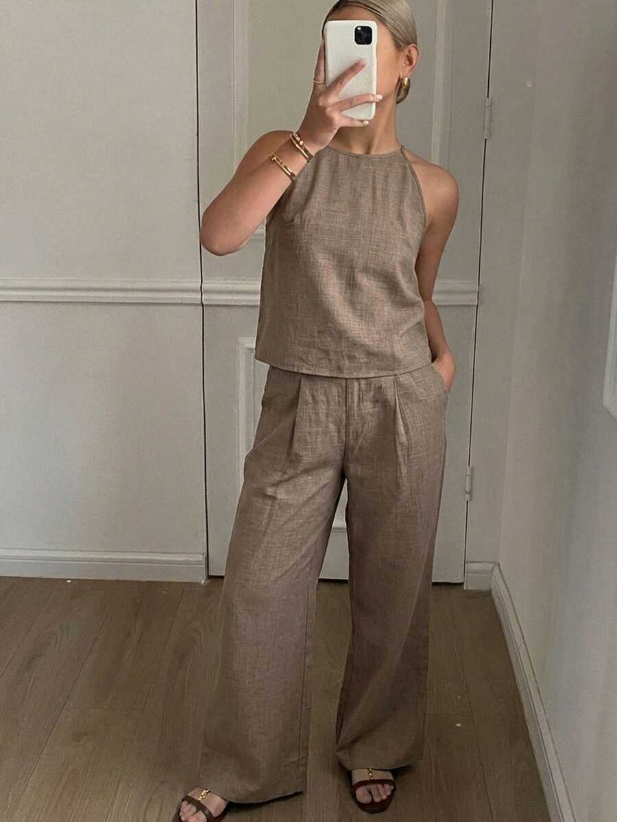 DAZY Women's Summer Striped Spaghetti Strap Top And Pants Casual 2 Pieces Set - Coffee Brown - View 1