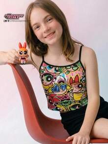 THE POWERPUFF GIRLS X SHEIN Maija Kids 少女卡通图案修身休闲运动吊带背心 - 彩色 - 查看 5
