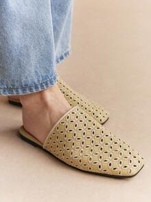 Rosivie Zapatos planos para mujer de moda nueva con tejido calado, punta cerrada cuadrada, sin cordones y suela dorada - Oro 1 - Ver 10